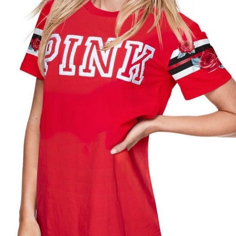 NWOT Victoria's Secret PINK Campus Tee Rose Embroidered With Sherpa Letters - Picture 9 of 9